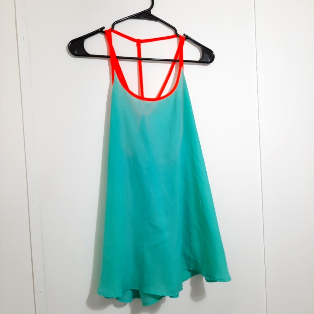 TEAL & ORANGE SHEER TANK TOP SIZE L